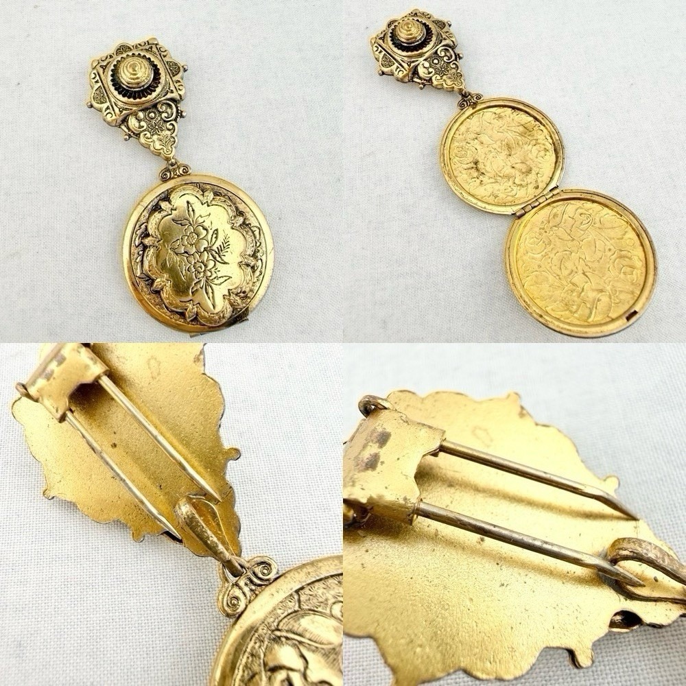 Vintage Gold Tone Locket Fur Clip Brooch Pin Engraved Floral Ornate Photo MCM